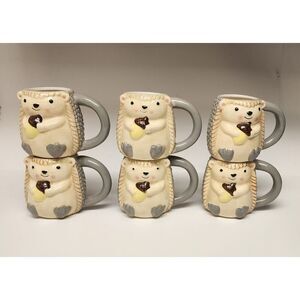 3D Porcupine 6 Coffee Mugs 16 oz /Tea Cup Hand Painted Gray Beige Stoneware New